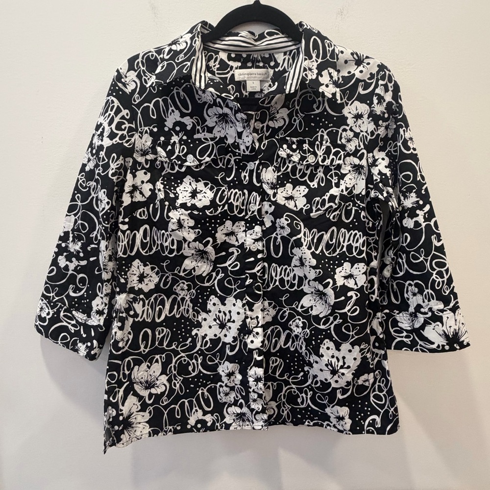 ✅ Christopher Banks Medium button up Black White abstract Blouse collar career